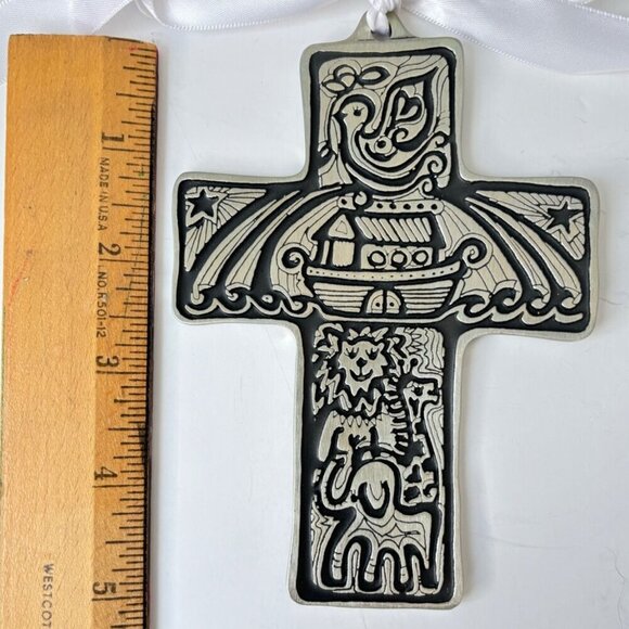 Vtg Handmade Metal Cross Child Baby Noahs Ark Bird‎ Lion Artisan Gift 5" Wall - Picture 5 of 6